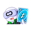 A character wearing a VR headset holds up a blue Uno reverse card with a smug expression.