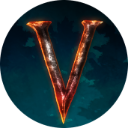 Valheim logo featuring a stylized letter V with a metallic, glowing red texture against a dark background.