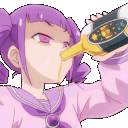 Anime girl with purple hair chugging from a yellow bottle with a tired expression.