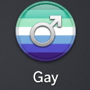 Gay pride flag inside a glossy circle with a silver male gender symbol on top.