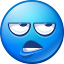 Blue emoji face rolling its eyes with a bored and annoyed expression.