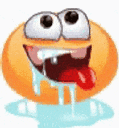 A yellow smiley face with wide, misaligned eyes and a tongue hanging out with blue drool pooling beneath it.
