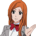 Orihime Inoue with orange hair and a red bow gestures politely with her hand.