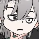 Anime character with gray hair looking suspicious while resting their chin on their hand.