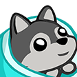 A cute cartoon wolf pup peeking out from a soft blue blanket with a happy expression.