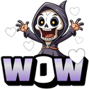 Grim reaper skeleton with an excited expression and hearts floating around the text WOW.