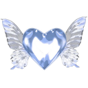 A glossy light blue heart with white feathery wings spreading outward.