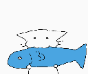 Two white cats holding blue fish in their mouths.