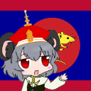 A cute anime-style rat girl with gray hair and red eyes wearing a red hat in front of the Laotian flag.
