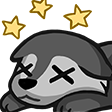 A cartoon wolf lying down with X eyes and gold stars floating above its head.