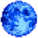 A glowing blue moon rendered in a retro pixel art style.