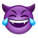 Purple devil face with horns laughing with tears streaming from its closed eyes.