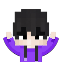 Minecraft-style character with dark hair and a purple hoodie raising both hands in a celebratory gesture.