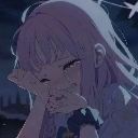 Anime girl with purple hair crying with her hands covering her face.
