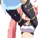 Milim Nava with pink hair frantically shakes a blue slime character back and forth.