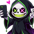 Grim reaper with glowing neon eyes and a wide grin taking a selfie while making a peace sign.