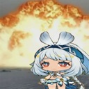 Chibi anime girl with white hair standing calmly in front of a large orange explosion.