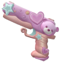 A pastel pink toy gun decorated with a teddy bear face, hearts, and stars.