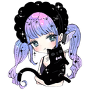 A chibi anime girl with purple hair and a black outfit holding a small black cat with a magical expression.