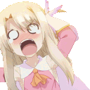 Illyasviel von Einzbern with a panicked expression, blushing and holding her head in distress.