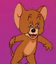 Jerry Mouse with a smug, mischievous grin and wide eyes against a purple background.