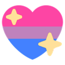 Bisexual pride flag colored heart with yellow sparkle icons.