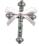 A silver cross decorated with a white ribbon bow centered on a black background.