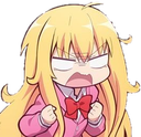 Anime girl with blonde hair clenching her fists and making an angry, distorted face.