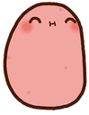 A cute pink potato with a blushing face and a happy, closed-eye smile.