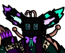 A box-headed character with glowing neon wings and purple accents looking directly forward.