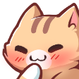 A cute orange cat with closed eyes and blushing cheeks giggling.