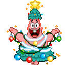 Patrick Star dressed as a Christmas tree with ornaments and a star on his head, sparkling with festive joy.