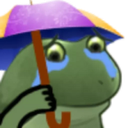 A small green frog with teary eyes holding a purple umbrella.