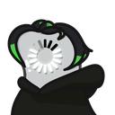 A stylized character with a white loading spinner replacing their face, framed by black hair with green highlights.