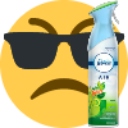 A yellow smiley face wearing black sunglasses holding a blue air freshener spray can.