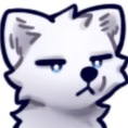 A white wolf with blue eyes looking sideways with a skeptical and unamused expression.