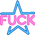 Star shape with the word fuck written in pink text on a blue background.