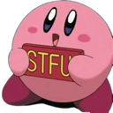 Kirby holding a red sign that says STFU.
