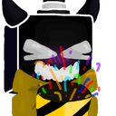 Void creature with horns and a yellow striped outfit throwing colorful confetti.