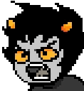 Karkat Vantas shouting with an angry expression in a pixel art style.