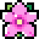 A pink pixel art flower with a yellow center and green leaves on a black background.