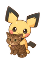 Pichu hugging a small brown tabby cat with a gentle expression.