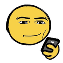 A yellow smiley face with the Roblox man face expression holding a smartphone.