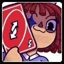 A stylized anime character holding up a red Uno reverse card with a smug expression.