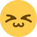 Yellow circular face with eyes closed in a squished expression and a w-shaped mouth.