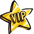 A shiny yellow star with the letters VIP written in bold black text.
