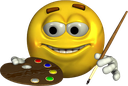 A yellow 3D smiley face holding a wooden paint palette and a paintbrush.