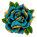 A stylized blue rose with gold accents and green leaves in a traditional tattoo art style.