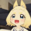 Anime girl with cat ears smiling broadly while holding a chocolate donut.