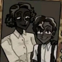 Alastor and his mother posing for a vintage-style black and white portrait.